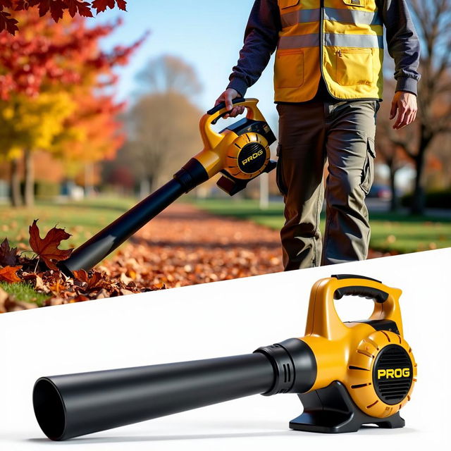 A man wearing work pants and a reflective golden vest labeled 'PROG' is blowing leaves in an autumn setting using a golden and black leaf blower also marked 'PROG'