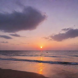 A breathtaking seascape during sunset. The sky is an artist's palette of orange, pink, and purple hues that are reflected on the calm sea. Silhouettes of distant ships and a sun-kissed beach enhance the peaceful setting.