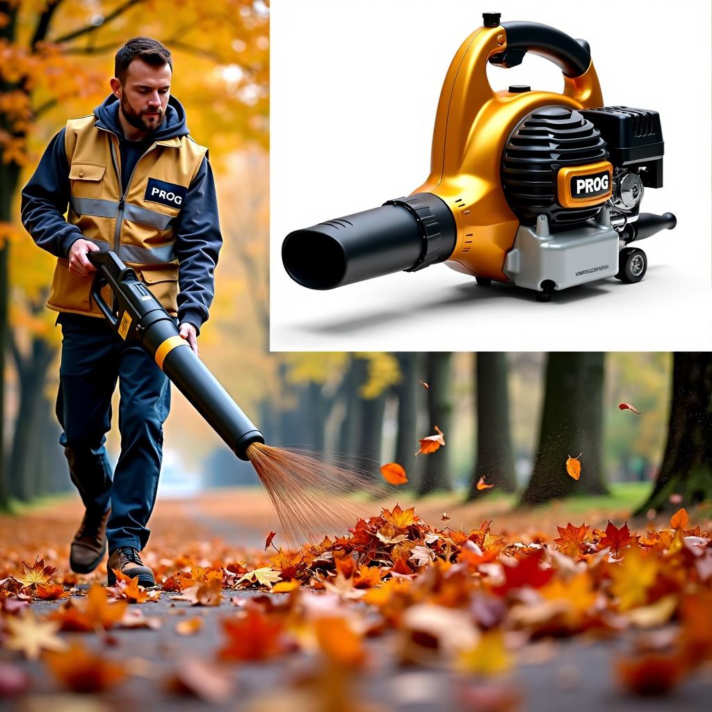 A man wearing work pants and a reflective gold vest with 'PROG' printed on it, using a gas leaf blower to clear autumn leaves