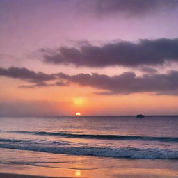 A breathtaking seascape during sunset. The sky is an artist's palette of orange, pink, and purple hues that are reflected on the calm sea. Silhouettes of distant ships and a sun-kissed beach enhance the peaceful setting.