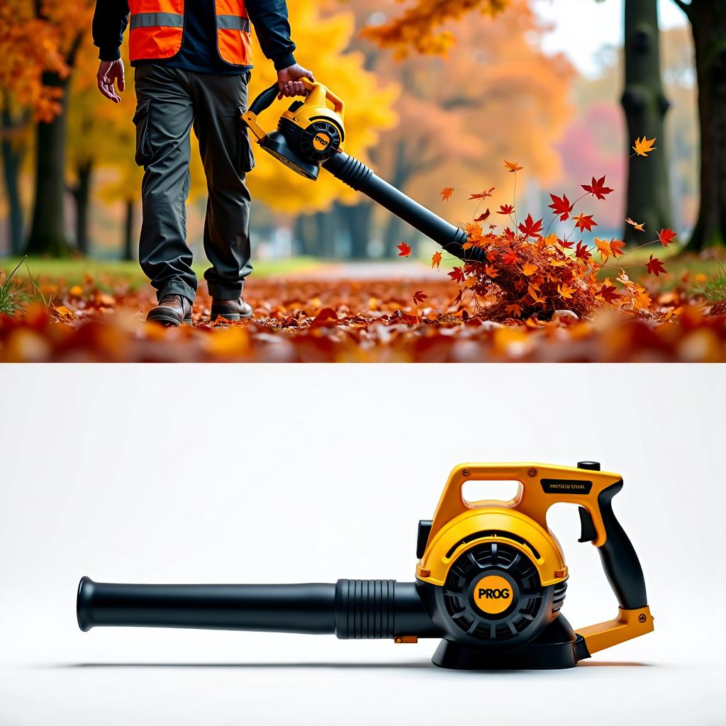 A man wearing work pants and a golden reflective vest labeled 'PROG' is blowing autumn leaves with a stylish golden and black leaf blower that also says 'PROG'