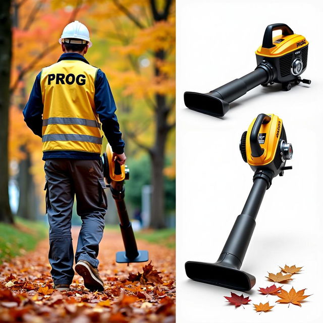 A man wearing work pants and a golden reflective vest labeled 'PROG' is blowing leaves during autumn with a golden and black leaf blower styled like a SHTIL also marked 'PROG'