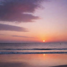 A breathtaking seascape during sunset. The sky is an artist's palette of orange, pink, and purple hues that are reflected on the calm sea. Silhouettes of distant ships and a sun-kissed beach enhance the peaceful setting.