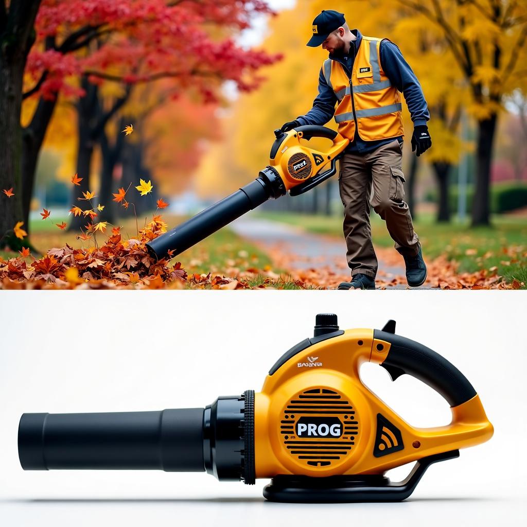 A man wearing work pants, a golden reflective vest labeled 'PROG', and a black cap also labeled 'PROG', is blowing leaves during autumn with a golden and black leaf blower styled like Shtil, prominently displaying the 'PROG' logo