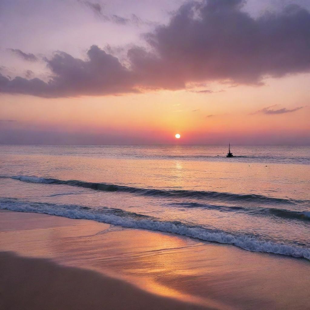 A breathtaking seascape during sunset. The sky is an artist's palette of orange, pink, and purple hues that are reflected on the calm sea. Silhouettes of distant ships and a sun-kissed beach enhance the peaceful setting.