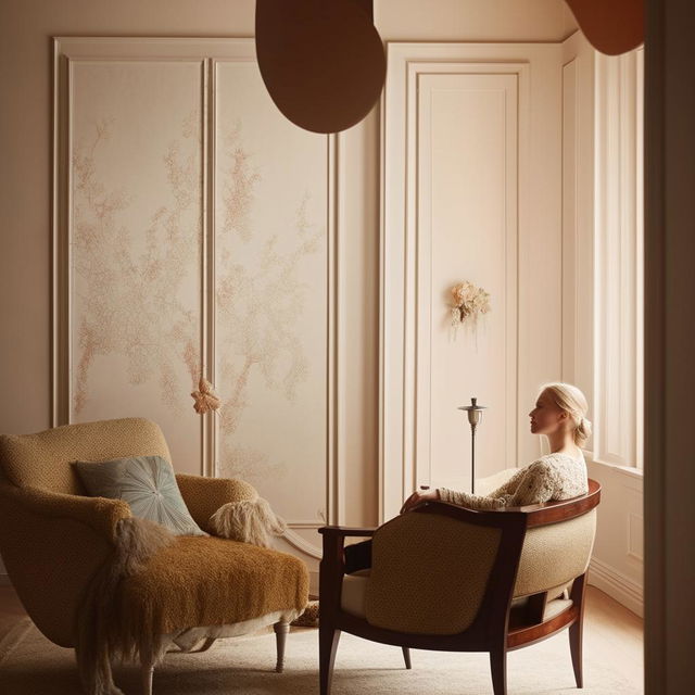 A young girl sitting comfortably in a well-designed room, surrounded by tastefully selected furniture, decor both modern and classic, under soft warm light.