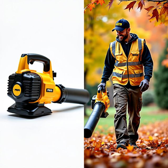 A man wearing work pants, a golden reflective vest labeled 'PROG', and a black cap also marked 'PROG' is blowing leaves in an autumn setting using a golden and black leaf blower, set against a backdrop of colorful autumn foliage