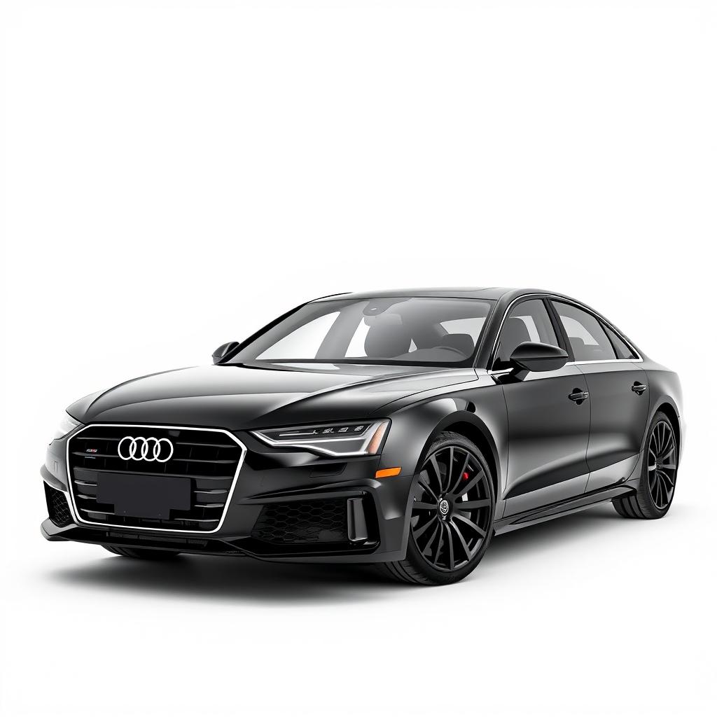 A sleek Audi A8 in a sophisticated black finish, featuring striking black wheels, showcased against a clean white background that accentuates the car's elegant and modern aesthetic