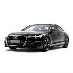 A sleek Audi A8 in a sophisticated black finish, featuring striking black wheels, showcased against a clean white background that accentuates the car's elegant and modern aesthetic