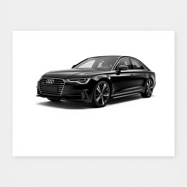 A sleek Audi A8 in a sophisticated black finish, featuring striking black wheels, showcased against a clean white background that accentuates the car's elegant and modern aesthetic