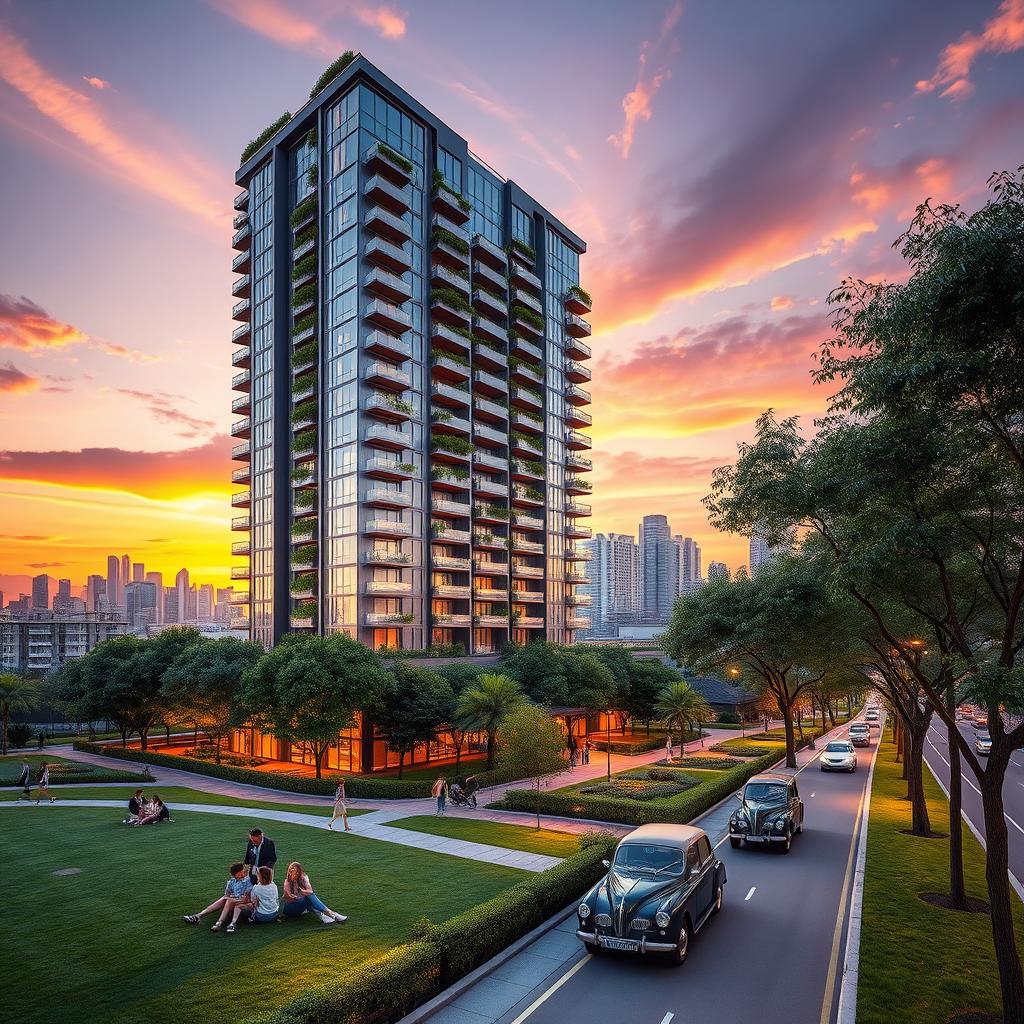 A stunning architectural rendering of a modern residential skyscraper, showcasing a sleek and innovative design with large glass windows and balconies adorned with greenery