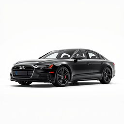 A sleek Audi A8 in a sophisticated black finish, featuring striking black wheels, showcased against a clean white background that accentuates the car's elegant and modern aesthetic