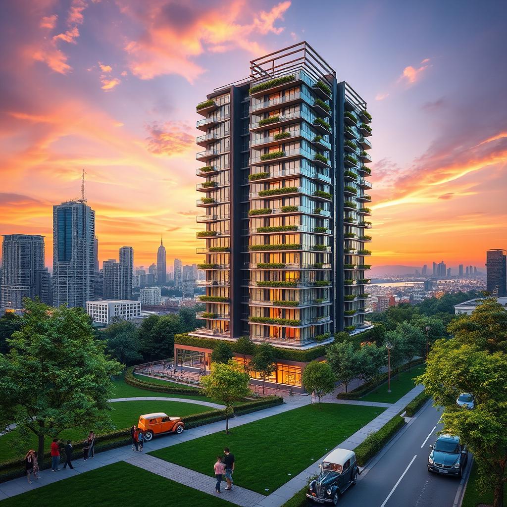 A stunning architectural rendering of a modern residential skyscraper, showcasing a sleek and innovative design with large glass windows and balconies adorned with greenery