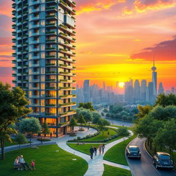 A stunning architectural rendering of a modern residential skyscraper, showcasing a sleek and innovative design with large glass windows and balconies adorned with greenery