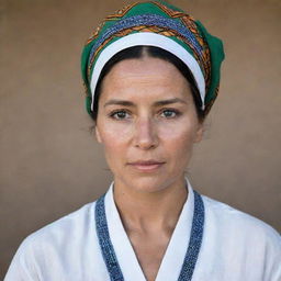 Generate an image of Demi, a White South African woman during the Apartheid era (1948-1994). She is in traditional clothing, looking forward with hopeful eyes, embodying strength and resilience against an oppressive backdrop.