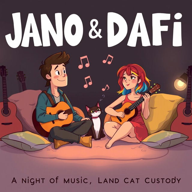 An illustrated poster for the indie film "Jano & Dafi", featuring a whimsical and romantic scene