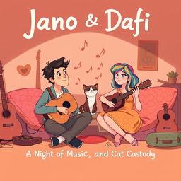 An illustrated poster for the indie film "Jano & Dafi", featuring a whimsical and romantic scene