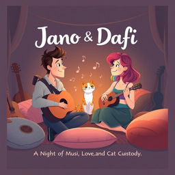 An illustrated poster for the indie film "Jano & Dafi", featuring a whimsical and romantic scene