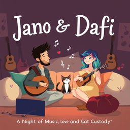 An illustrated poster for the indie film "Jano & Dafi", featuring a whimsical and romantic scene