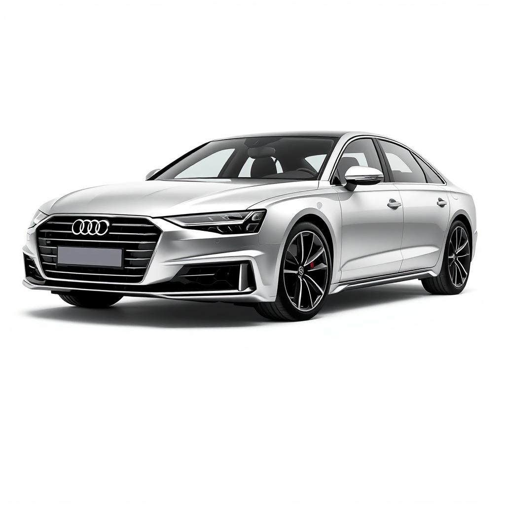 A stunning Audi A8 in a sleek silver finish, featuring stylish black wheels, elegantly displayed against a crisp white background that accentuates the car's modern and sophisticated design