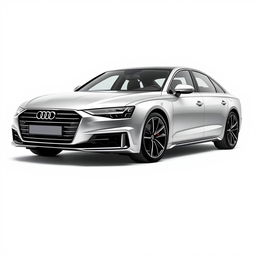 A stunning Audi A8 in a sleek silver finish, featuring stylish black wheels, elegantly displayed against a crisp white background that accentuates the car's modern and sophisticated design