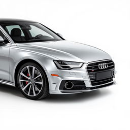 A stunning Audi A8 in a sleek silver finish, featuring stylish black wheels, elegantly displayed against a crisp white background that accentuates the car's modern and sophisticated design