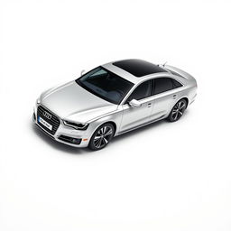 A stunning Audi A8 in a sleek silver finish, featuring stylish black wheels, elegantly displayed against a crisp white background that accentuates the car's modern and sophisticated design