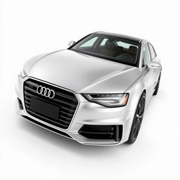 A stunning Audi A8 in a sleek silver finish, featuring stylish black wheels, elegantly displayed against a crisp white background that accentuates the car's modern and sophisticated design