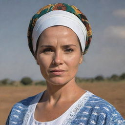 Generate an image of Demi, a White South African woman during the Apartheid era (1948-1994). She is in traditional clothing, looking forward with hopeful eyes, embodying strength and resilience against an oppressive backdrop.