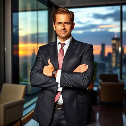 A charismatic and sharp-dressed lawyer named Harvey Specter, standing confidently in an upscale office with a skyline view in the background