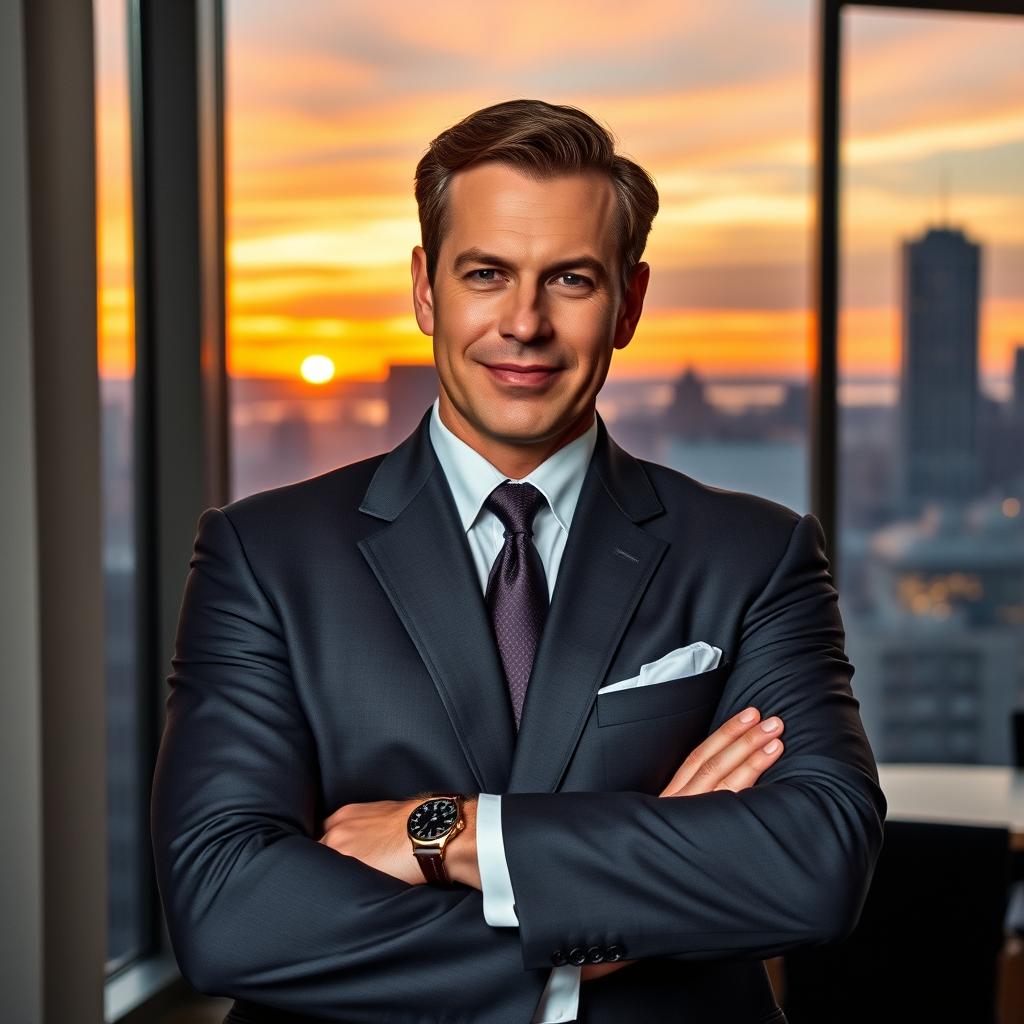 A charismatic and sharp-dressed lawyer named Harvey Specter, standing confidently in an upscale office with a skyline view in the background