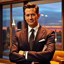 A charismatic and sharp-dressed lawyer named Harvey Specter, standing confidently in an upscale office with a skyline view in the background