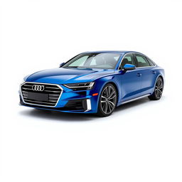 An elegant Audi A8 in a striking blue finish, showcased against a clean white background that enhances the vehicle's sleek and modern design