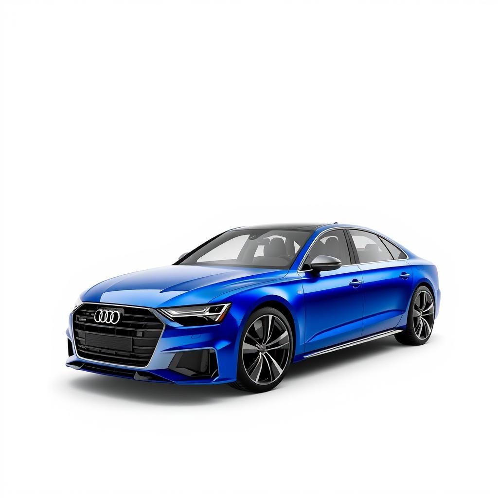 An eye-catching Audi A8 in a vibrant blue finish, featuring sleek black wheels, elegantly positioned against a pristine white background that highlights the car's contemporary and luxurious design