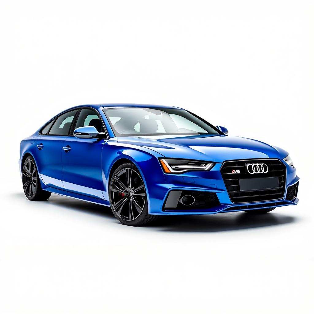 An eye-catching Audi A8 in a vibrant blue finish, featuring sleek black wheels, elegantly positioned against a pristine white background that highlights the car's contemporary and luxurious design