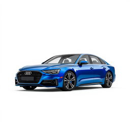 An eye-catching Audi A8 in a vibrant blue finish, featuring sleek black wheels, elegantly positioned against a pristine white background that highlights the car's contemporary and luxurious design