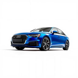 An eye-catching Audi A8 in a vibrant blue finish, featuring sleek black wheels, elegantly positioned against a pristine white background that highlights the car's contemporary and luxurious design