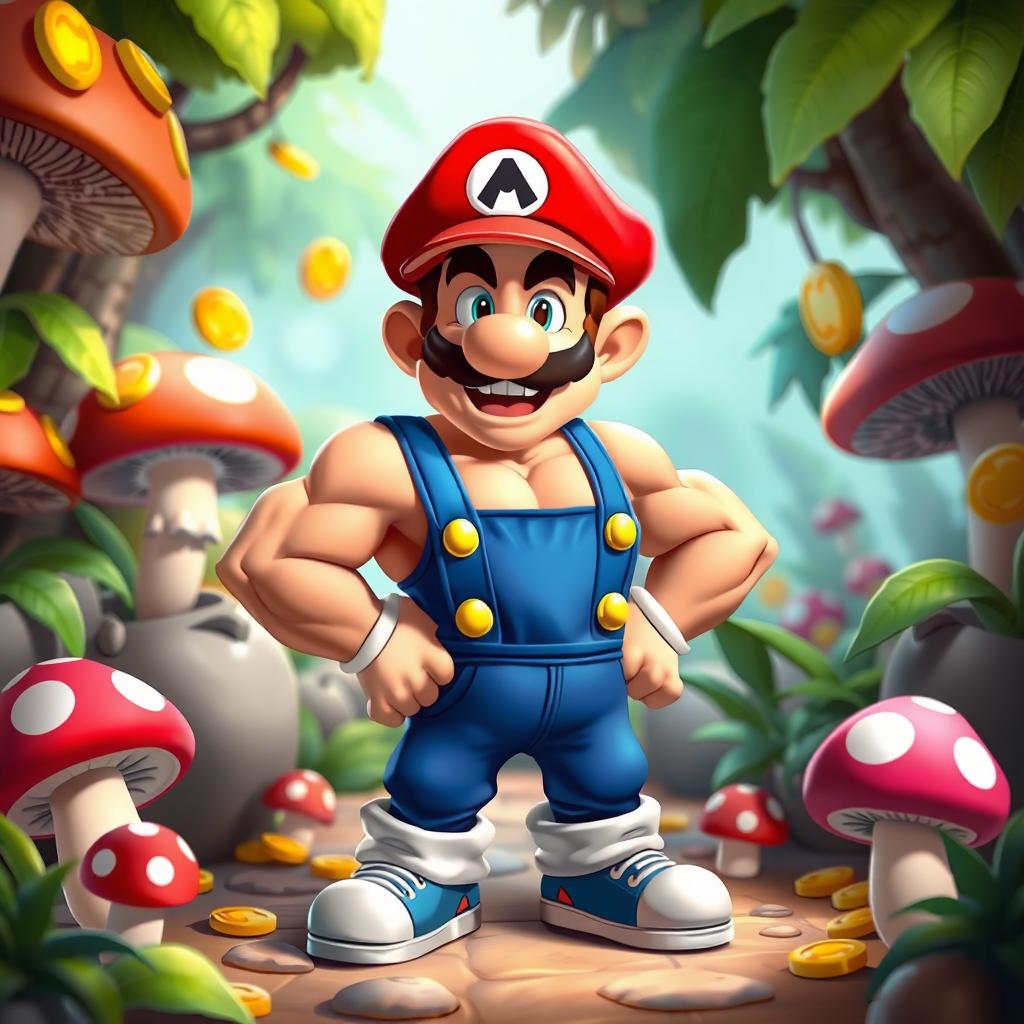 A whimsical scene featuring a stylized, muscular character inspired by classic video game aesthetics, reminiscent of a plumber with a red hat and blue overalls