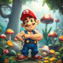 A whimsical scene featuring a stylized, muscular character inspired by classic video game aesthetics, reminiscent of a plumber with a red hat and blue overalls