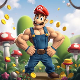 A whimsical scene featuring a stylized, muscular character inspired by classic video game aesthetics, reminiscent of a plumber with a red hat and blue overalls