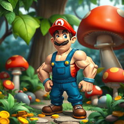 A whimsical scene featuring a stylized, muscular character inspired by classic video game aesthetics, reminiscent of a plumber with a red hat and blue overalls