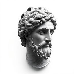 A hyper-realistic depiction of a Greek statue head, intricately designed to look as though it is composed of finely inked handwriting