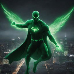 A superhero radiating a vibrant, green radioactive aura, flying against a dark city skyline, skillfully manipulating radioactive energy in battle.