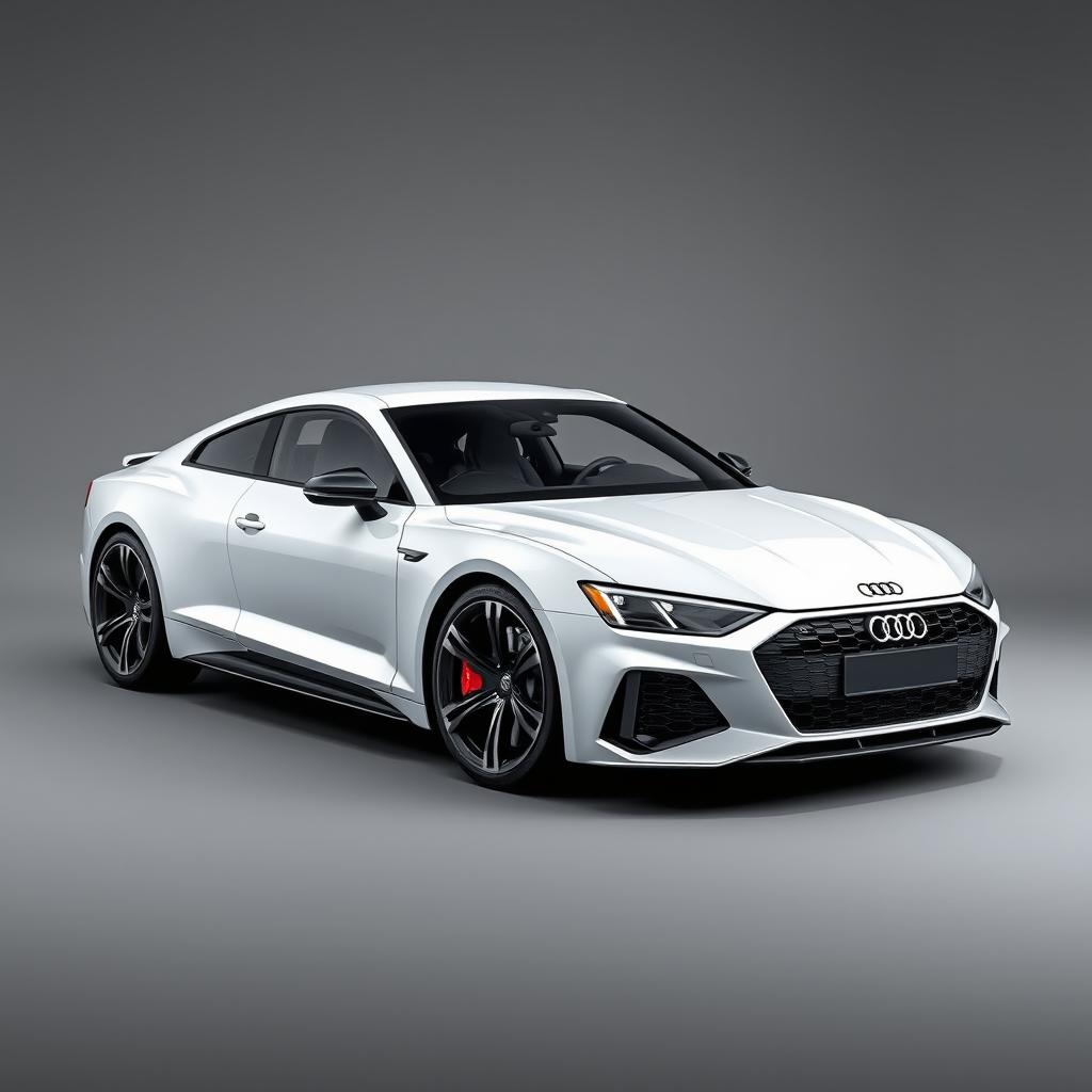 A striking Audi RS E-tron GT in a glossy white finish, complemented by dynamic black wheels, prominently showcased against a sophisticated grey background