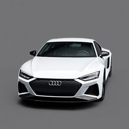 A striking Audi RS E-tron GT in a glossy white finish, complemented by dynamic black wheels, prominently showcased against a sophisticated grey background