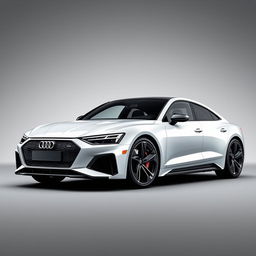 A striking Audi RS E-tron GT in a glossy white finish, complemented by dynamic black wheels, prominently showcased against a sophisticated grey background