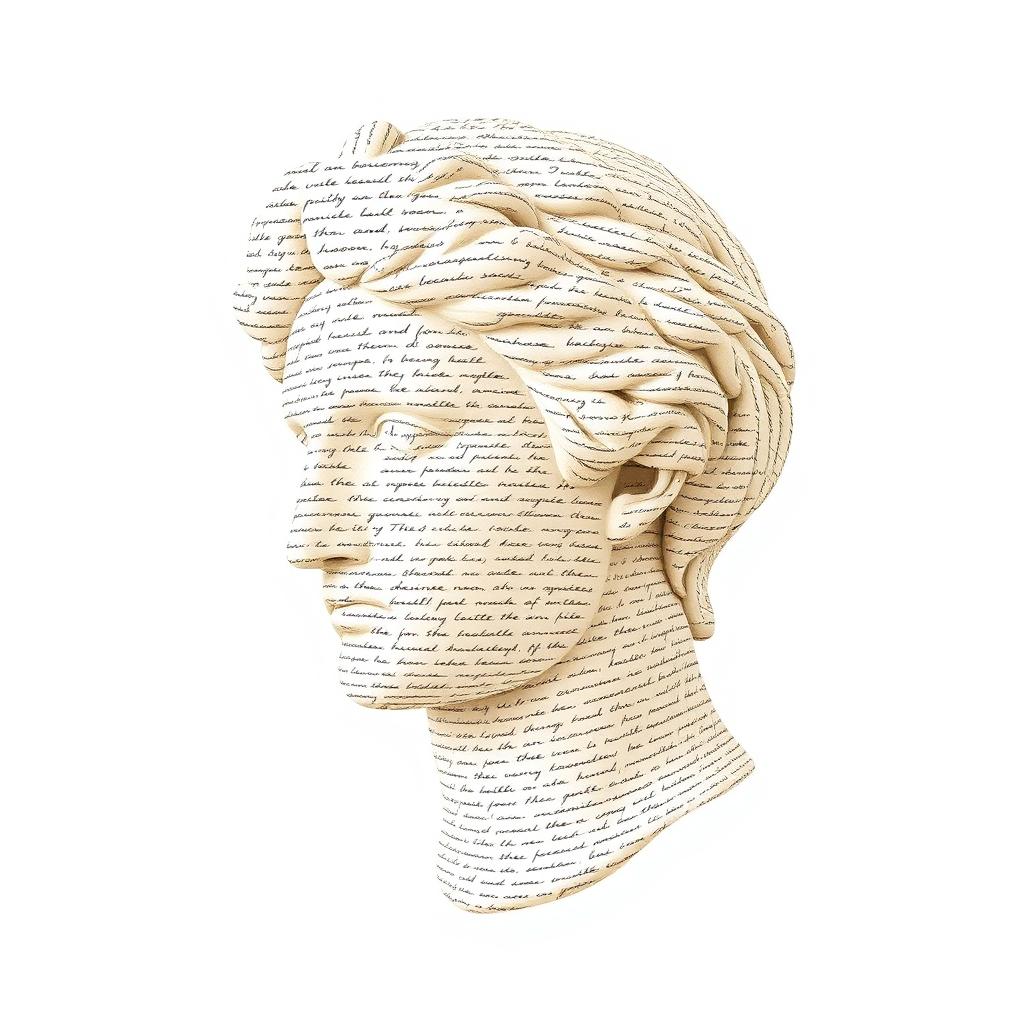 A minimalist image of a Greek statue head, crafted to appear as if it is made entirely from old handwritten text