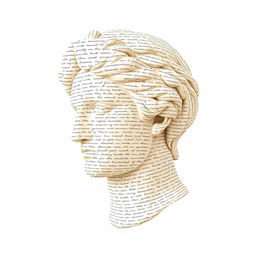 A minimalist image of a Greek statue head, crafted to appear as if it is made entirely from old handwritten text