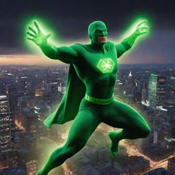 A superhero radiating a vibrant, green radioactive aura, flying against a dark city skyline, skillfully manipulating radioactive energy in battle.