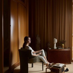 A young girl sitting comfortably in a well-designed room, surrounded by tastefully selected furniture, decor both modern and classic, under soft warm light.